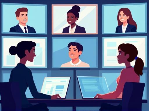 People conducting virtual interviews on screens, showing remote work collaboration