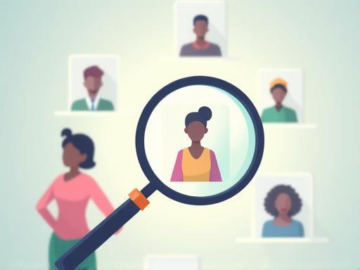 A magnifying glass focusing on a diverse group of candidates, representing talent identification